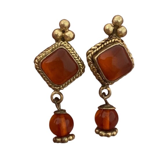 Sterling Silver Gold Plated Carnelian Drop Earring studs ornate oriental - Picture 1 of 8